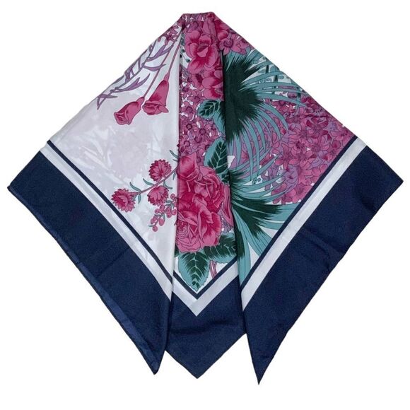 OVERSEAS ADVANTAGE Blue Pink Floral Print Square Neck Scarf 24” X 26” Square - Picture 1 of 9